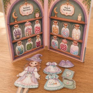 May include: A paper doll set featuring a character in a purple hat and dress, with additional outfits, a book, and a bag. Behind the doll is a display board with two arched shelves labelled Botanical Ingredients and Magical Ingredients, filled with jars.
