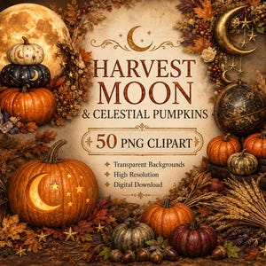Harvest Moon Clipart Bundle, 50 Celestial Pumpkin PNGs, Moon Phase Autumn Clipart, Witchy Fall Digital Download