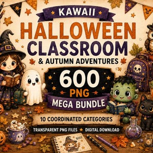 May include: A digital graphic featuring the text Kawaii Halloween Classroom & Autumn Adventures 600 PNG Mega Bundle. The image displays cartoon characters including a witch, a ghost, a monster, and a black cat surrounded by pumpkins and autumn leaves.