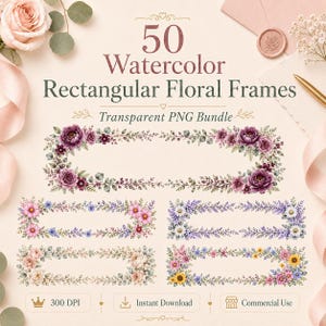 May include: A digital bundle of 50 watercolour rectangular floral frames featuring various flower arrangements in shades of purple, pink, yellow, and green. The text reads 50 Watercolour Rectangular Floral Frames Transparent PNG Bundle.