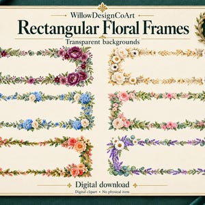 Puede incluir: Una colección de descarga digital de 50 marcos florales rectangulares con fondos transparentes. El conjunto presenta seis diseños de marcos distintos decorados con varias flores estilo acuarela en tonos morado, azul, rosa, naranja y blanco.