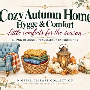 Cozy Autumn Home Clipart: 50 Hygge PNGs with 29 Bonus Elements