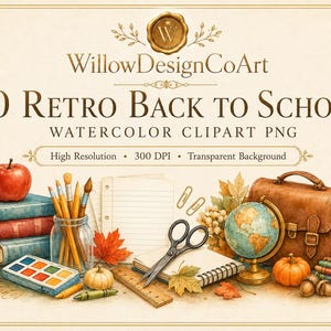 Könnte beinhalten: Eine digitale Sammlung von 50 Retro-Schulanfang-Aquarell-Clipart-PNG-Bildern mit einem Bücherstapel samt rotem Apfel, Pinseln im Glas, einem Globus, einer braunen Ledertasche, einer Schere, einem Lineal und herbstlichen Blättern.
