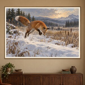 May include: A framed wall art print depicting a red fox mid-leap over a snow-covered landscape. The scene features tall brown cattails, a dense forest of evergreen trees, and distant snow-capped mountains under a soft, golden sunset sky.