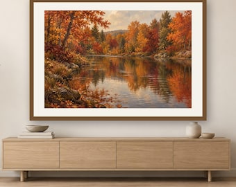 May include: A framed landscape painting depicting a calm river surrounded by dense autumn foliage in shades of orange, red, and yellow. The trees are reflected in the water, and the scene includes rocky banks with fallen leaves under a cloudy sky.