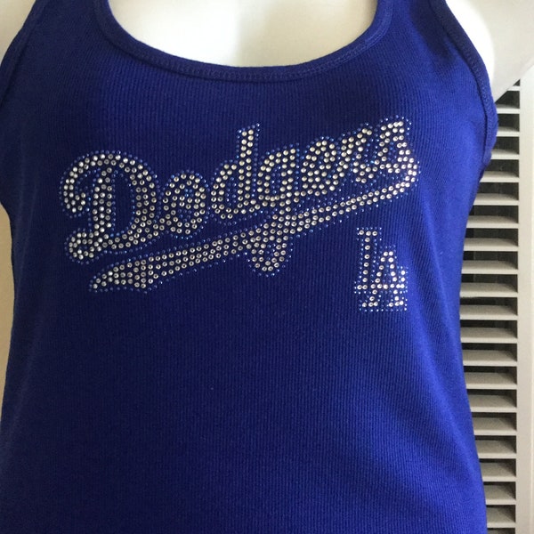 LA Dodgers Tank Top or T-shirt in Royal blue or black color with design in  Crystal Beads