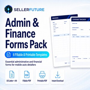Mobile Auto Detailing Admin & Finance Forms, Fillable PDF Invoice, Quote and Trackers