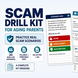Kit di esercizi per la prevenzione delle truffe per genitori anziani / Manuale di sicurezza familiare in formato PDF compilabile e stampabile