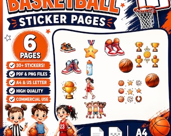 Basketbalstickerpagina's | Meer dan 30 sportstickers voor kinderen, 6 pagina's (PDF PNG)