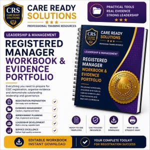Puede incluir: Un cuaderno de trabajo y portafolio de evidencias para gerentes registrados, con encuadernación en espiral, de Care Ready Solutions. La portada azul oscuro y morada incluye un sello dorado, el logo de CRS y texto sobre recursos de formación.