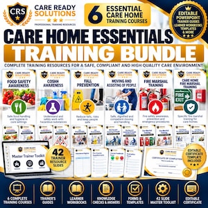 May include: A Care Ready Solutions training bundle featuring six essential care home courses, including food safety, COSHH, fall prevention, moving and assisting, fire marshal training, and fire exit safety, with a laptop and certificate.