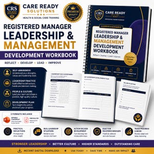 Könnte beinhalten: Ein Care Ready Solutions Registered Manager Leadership & Management Arbeitsbuch mit Spiralbindung, einer offenen Innenseite mit einer Selbsteinschätzungstabelle und einem separaten Blatt für Werte in der Praxis mit goldenen Akzenten.