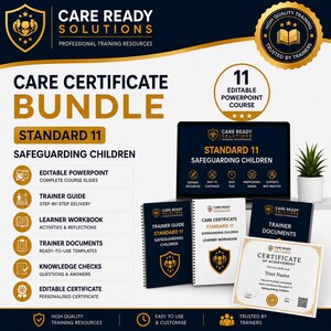 Op de afbeelding: Een Care Ready Solutions trainingsbundel voor Standaard 11 Kinderveiligheid, inclusief een laptop met cursusdia's, een trainershandleiding, een werkboek, trainersdocumenten en een certificaat met een goudkleurige en marineblauwe huisstijl.