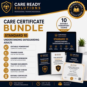 Op de afbeelding: Een Care Certificate Bundle voor Standard 10 Understanding Safeguarding Adults, inclusief een laptop met cursusdia's, een trainershandleiding, een werkboek, trainersdocumenten en een certificaat met een marineblauwe en gouden huisstijl.