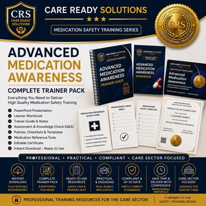 Può includere: Un pacchetto di formazione completo Care Ready Solutions Advanced Medication Awareness che include una guida per il formatore a spirale, un quaderno di esercizi e vari materiali stampati, tra cui un test di verifica e un certificato.