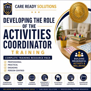 Może przedstawiać: Pakiet materiałów szkoleniowych zatytułowany Developing the Role of the Activities Coordinator od Care Ready Solutions. Dokument zawiera złota pieczęć, listę atrybutów zawodowych oraz ikony dla programu PowerPoint, przewodników, zeszytów ćwiczeń i certyfikatów.