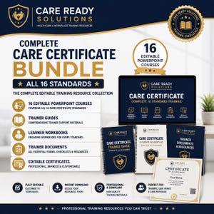 以下が含まれることがあります： Care Ready Solutionsのトレーニングバンドル。コース内容を表示したノートパソコン、スパイラル綴じのトレーナーガイド、学習者用ワークブック、修了証が含まれています。ネイビーとゴールドのブランドデザインには、16の編集可能なPowerPointコース、トレーナーガイド、ワークブック、ドキュメント、証明書に関するテキストが記載されています。