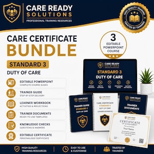 Peut inclure: Un ensemble de formation Care Ready Solutions pour la norme 3 Duty of Care, comprenant un ordinateur portable affichant des diapositives, un guide du formateur, un cahier d'exercices, des documents et un certificat, en bleu marine et or.