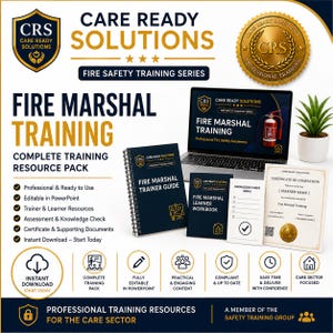 Op de afbeelding: Een Fire Marshal trainingspakket met een laptop die trainingsmateriaal toont, een spiraalgebonden trainershandleiding, een werkboek voor cursisten, een kennischeckblad en een certificaat, allemaal voorzien van het Care Ready Solutions merk.
