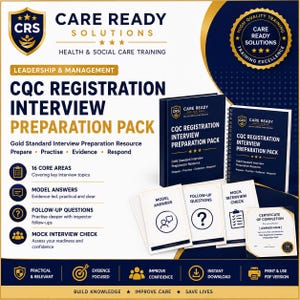 May include: A CQC Registration Interview Preparation Pack featuring a dark blue and gold color scheme. The set includes a binder, a spiral-bound manual, three informational cards, and a certificate of completion, all branded with the Care Ready Solutions logo.