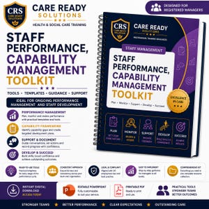 May include: A spiral-bound Staff Performance, Capability Management Toolkit by Care Ready Solutions. The cover features a dark blue and purple design with white text, icons for plan, monitor, support, develop, and succeed, and a gold seal.