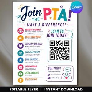 PTA PTO Flyer Template, Join the PTA Flyer, School Recruitment Flyer, Parent Teacher Organization Poster, School Volunteer, Editable Canva