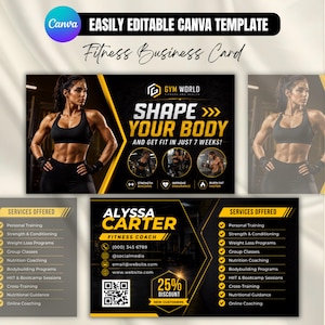 Può includere: Un modello Canva per un biglietto da visita fitness con un design nero e giallo. Mostra un fitness coach, il testo SHAPE YOUR BODY, i servizi offerti, i contatti di Alyssa Carter, un codice QR e un'offerta di sconto del 25%.