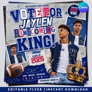 May include: A digital flyer for a Westbrook High School homecoming election featuring the text Vote for Jaylen Homecoming King, Class of 2026, and Election Day August 24. It includes photos of a student in a varsity jacket, a football, and a crown.