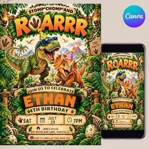 Dinosaurier-Geburtstagseinladung, T-Rex-Geburtstagseinladung, Stampf-, Knurr- und Brüllparty, Vintage-Dino-Geburtstag, Dinosaurier-Party für Jungen, bearbeitbare Leinwand
