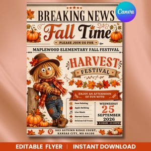 Op de afbeelding: Een flyer voor het herfstfestival van de Maplewood basisschool op woensdag 25 september 2026. Het toont een vogelverschrikker met een hoed en geruit overhemd, oranje pompoenen en herfstbladeren. De tekst bevat Breaking News en Harvest Festival.