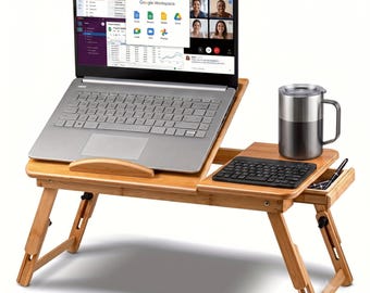 Bamboo Laptop Bed Desk Adjustable Folding Tray Table with Drawer