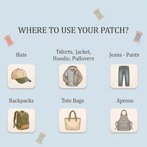 Może przedstawiać: Grafika informacyjna z napisem WHERE TO USE YOUR PATCH? przedstawiająca ilustracje czapki, kurtki, bluzy z kapturem, t-shirtu, dżins&oacute;w, plecaka, torby i fartucha. Projekt zawiera małe szpulki nici na jasnoniebieskim tle.