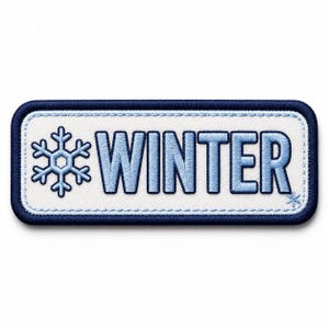 May include: A rectangular embroidered patch with a white background and a dark blue border. The patch features a light blue snowflake icon on the left and the word WINTER in bold, light blue, sans-serif capital letters in the center.