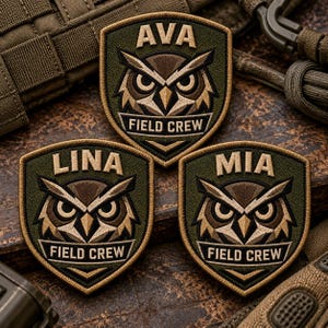 Personalized Owl Embroidered Patch: Custom Name Field Crew Badge