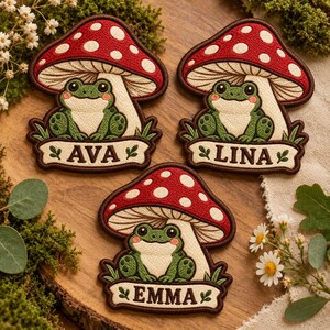 Personalized Frog Mushroom Embroidered Patch: Custom Name Cottagecore