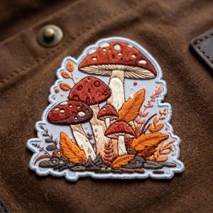 May include: An embroidered patch featuring a cluster of mushrooms with reddish-brown caps and cream-colored stems, surrounded by orange and brown autumn leaves, small sprigs, and dark soil, all set against a light blue fabric background.