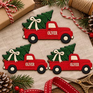 Personalized Christmas Truck Embroidered Patch: Custom Name Red Pickup with Tree