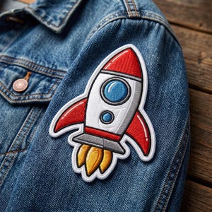 May include: An embroidered rocket ship patch featuring a red nose cone, white body, blue porthole, and red fins, with yellow flames exiting the base. The patch is attached to the sleeve of a blue denim jacket with a copper-colored metal button.