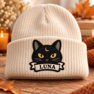 Personalized Black Cat Name Patch: Custom Embroidered Celestial