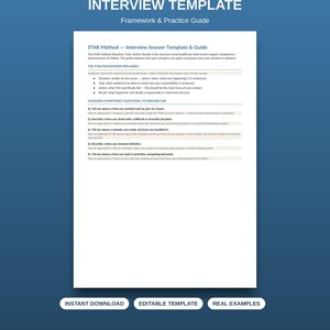 May include: A white document titled STAR METHOD INTERVIEW TEMPLATE with a framework and practice guide. It includes the STAR framework explained, common competency questions, and guidance for answering. Three buttons below read INSTANT DOWNLOAD, EDITABLE TEMPLATE, and REAL EXAMPLES.
