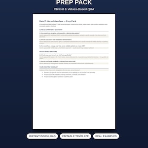Op de afbeelding: Een Band 5 interview voorbereidingspakket met klinische en op waarden gebaseerde vraag-en-antwoordsecties voor verpleegkundige sollicitaties. De pagina bevat klinische competentievragen, waardenvragen en een checklist. Tekst: Instant Download, Editable Template, Real Examples.