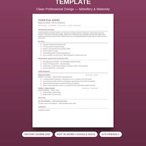 Midwife CV Template, Registered Midwife Resume uk, Maternity CV, ats Friendly Healthcare CV, Instant Download Editable Word