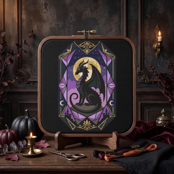 Draak kruissteekpatroon, gotische fantasie draak borduurwerk, witchcore muurdecoratie, maan draak (PDF)