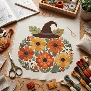 May include: A cross-stitch pattern on white fabric featuring a pumpkin shape composed of orange and yellow flowers, topped with a brown witch hat. The design includes green leaves and is surrounded by embroidery floss, scissors, and a needle.