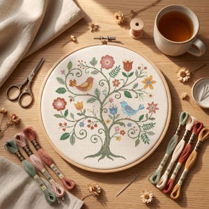 Könnte beinhalten: Ein runder Stickrahmen aus Holz mit einem Kreuzstichmuster, das einen Baum mit grünen Blättern, bunten Blumen und zwei Vögeln zeigt. Das Set enthält eine Metallschere, eine Nadel und mehrere Stickgarnstränge in verschiedenen Farben.