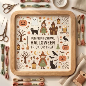May include: A square wooden frame containing a cross-stitch pattern with Halloween motifs including pumpkins, ghosts, black cats, witches, and a haunted house. The text reads PUMPKIN FESTIVAL HALLOWEEN TRICK OR TREAT. Embroidery floss surrounds the frame.
