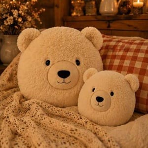 May include: Two round, cream-colored plush bear pillows with soft, textured fur. Each bear features a smooth, lighter-toned muzzle, small rounded ears, black embroidered eyes, and a black nose with a stitched mouth on a circular, stuffed form.