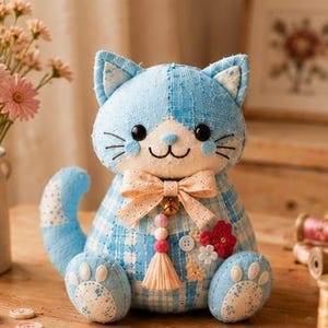 Kawaii blaue Patchwork-Katze Nähvorlage (Sofortiger PDF-Download)