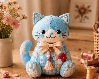 Patron de couture chat patchwork bleu kawaii (Téléchargement PDF instantané)
