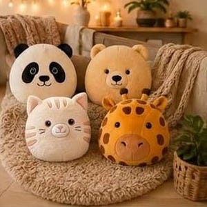 May include: A collection of four round plush pillows featuring animal faces: a black and white panda, a tan bear, a cream-colored cat with light brown stripes, and a yellow giraffe with brown spots, all arranged on a textured beige rug.